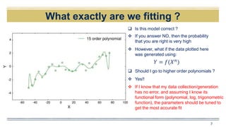 What exactly are we fitting ?
7
 Is this model correct ?
 However, what if the data plotted here
was generated using:
 If you answer NO, then the probability
that you are right is very high
𝑌 = 𝑓(𝑋 𝑛)
 Should I go to higher order polynomials ?
 Yes!!
 If I know that my data collection/generation
has no error, and assuming I know its
functional form (polynomial, log, trigonometric
function), the parameters should be tuned to
get the most accurate fit
 