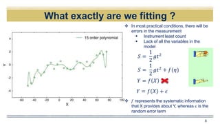 What exactly are we fitting ?
8
 In most practical conditions, there will be
errors in the measurement
 Instrument least count
 Lack of all the variables in the
model
𝑆 =
1
2
𝑔𝑡2
𝑆 =
1
2
𝑔𝑡2 + 𝑓(𝜂)
𝑌 = 𝑓 𝑋
𝑌 = 𝑓 𝑋 + 𝜖
 f represents the systematic information
that X provides about Y, whereas є is the
random error term
 