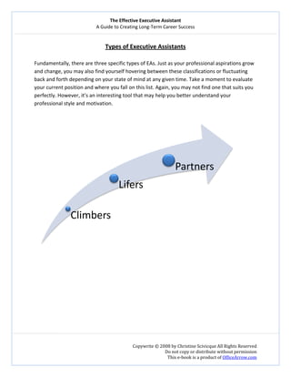 The Effective Executive Assistant 
A Guide to Creating Long‐Term Career Success 
   
 
Copywrite © 2008 by Christine Scivicque All Rights Reserved 
Do not copy or distribute without permission  
This e‐book is a product of OfficeArrow.com 
 
Types of Executive Assistants 
 
Fundamentally, there are three specific types of EAs. Just as your professional aspirations grow 
and change, you may also find yourself hovering between these classifications or fluctuating 
back and forth depending on your state of mind at any given time. Take a moment to evaluate 
your current position and where you fall on this list. Again, you may not find one that suits you 
perfectly. However, it’s an interesting tool that may help you better understand your 
professional style and motivation.  
 
 
 
 
 
 
 
 
 
 
 
 
 
Climbers
Lifers
Partners
 