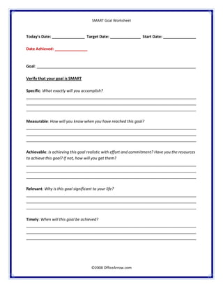  
SMART Goal Worksheet 
 
©2008 OfficeArrow.com 
 
 
Today’s Date: _______________  Target Date: ______________  Start Date: _______________ 
 
Date Achieved: _______________  
 
 
Goal: _________________________________________________________________________ 
 
Verify that your goal is SMART  
 
Specific: What exactly will you accomplish?  
______________________________________________________________________________
______________________________________________________________________________ 
______________________________________________________________________________ 
 
Measurable: How will you know when you have reached this goal?  
______________________________________________________________________________
______________________________________________________________________________ 
______________________________________________________________________________ 
 
Achievable: Is achieving this goal realistic with effort and commitment? Have you the resources 
to achieve this goal? If not, how will you get them?  
______________________________________________________________________________
______________________________________________________________________________ 
______________________________________________________________________________ 
 
Relevant: Why is this goal significant to your life? 
______________________________________________________________________________
______________________________________________________________________________ 
______________________________________________________________________________ 
 
Timely: When will this goal be achieved?  
______________________________________________________________________________
______________________________________________________________________________ 
______________________________________________________________________________ 
 
 
 