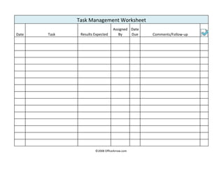 Date Task Results Expected
Assigned 
By 
Date 
Due  Comments/Follow‐up
Task Management Worksheet
©2008 OfficeArrow.com 
 