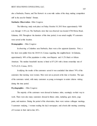 BEST SOLUTIONS CONSULTING, LLC.
107
also a Starbucks, Panera, and Tim Horton’s in a one-mile radius of the shop, making competition
stiff in the area for Dunkin’ Donuts.
Starbucks Observation - Mira Cosgrove
The following study took place on Friday October 10, 2015 from approximately 9:00
a.m. through 11:30 a.m. The Starbucks store that was observed was located 4784 Morse Road,
Gahanna, OH. Throughout the duration of this time period, it was noted roughly 97 customers
were served at this location.
Demographics – Mira Cosgrove
In observing a Columbus area Starbucks, there were a few apparent dynamics. First, a
few facts were pulled from the 2010 U.S. Census regarding this neighborhood. In Gahanna,
approximately 80% of the population is white, non-Hispanic and 11.2% black or African
American. The median household income is listed at $71,201 with a home ownership rate of
74.2% (U.S. Census, 2015).
In tallying the results of the customers served it was concluded that almost 74% of the
customers that morning were women. Men were not as present at the time or location. The ages
of the customers varied, with many customers as young as teenagers to senior citizens visiting
during this time period.
Psychographics – Mira Cosgrove
The majority of the customers were dressed in business attire, seemingly on their way to
work. There were also many customers dressed in fitness attire, including gym shorts, yoga
pants, and sneakers. During the period of the observation, there were various colleague meetings,
5 customers studying, 1 woman reading the day’s newspaper, and a book club meeting consisting
of 4 women in their mid-to-late 60’s.
 