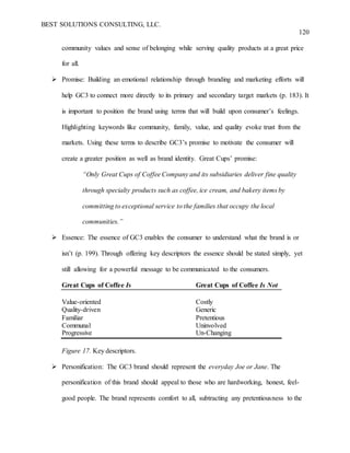 BEST SOLUTIONS CONSULTING, LLC.
120
community values and sense of belonging while serving quality products at a great price
for all.
 Promise: Building an emotional relationship through branding and marketing efforts will
help GC3 to connect more directly to its primary and secondary target markets (p. 183). It
is important to position the brand using terms that will build upon consumer’s feelings.
Highlighting keywords like community, family, value, and quality evoke trust from the
markets. Using these terms to describe GC3’s promise to motivate the consumer will
create a greater position as well as brand identity. Great Cups’ promise:
“Only Great Cups of Coffee Company and its subsidiaries deliver fine quality
through specialty products such as coffee, ice cream, and bakery items by
committing to exceptional service to the families that occupy the local
communities.”
 Essence: The essence of GC3 enables the consumer to understand what the brand is or
isn’t (p. 199). Through offering key descriptors the essence should be stated simply, yet
still allowing for a powerful message to be communicated to the consumers.
Great Cups of Coffee Is Great Cups of Coffee Is Not
Value-oriented Costly
Quality-driven Generic
Familiar Pretentious
Communal Uninvolved
Progressive Un-Changing
Figure 17. Key descriptors.
 Personification: The GC3 brand should represent the everyday Joe or Jane. The
personification of this brand should appeal to those who are hardworking, honest, feel-
good people. The brand represents comfort to all, subtracting any pretentiousness to the
 