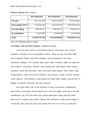BEST SOLUTIONS CONSULTING, LLC.
129
Payback Analysis (Mira Cosgrove)
2016 Projections 2017 Projections 2018 Projections
Net sales $211,761,000 $223,738,284 $232,478,688
Gross margin (56%) $118,586,160 $125,293,439 $130,188,065.30
Less advertising $563,932.21 $563,932.21 $563,932.21
Less promotions $1,065,000 $1,065,000 $1,065,000
Profit $116,957,227.80 $123,664,506.80 $128,559,133.10
Figure 20. Marketing payback analysis.
An Estimate of the Reach& Frequency (Ashleigh Bromberg)
Great Cups Select wishes to create brand consistency and transition into a cohesive
organization throughout all of its geographical locations. During this time, advertising efforts
will be employed through social media campaigns, radio advertisements, and various
promotional campaigns. GC3’s primary target market values community, quality and supporting
local businesses and products. Therefore, radio advertisements would appeal to those markets,
specifically stations that hold similar values as the target market segment. These stations could
be independently owned, who promote community and encourage a socially conscious sentiment
to their audiences. This localization would appeal to the target market audience and assist GC3 in
building an emotional relationship with their consumers.
Local radio stations offer on-site broadcasts at various local business establishments,
ticket contests, sponsorships and promotional tie-ins with local colleges, sports teams, and other
establishments. (pg. 433) These radio spots could be implemented during peak time frames.
Based on GC3’s primary target market’s behavior, these individuals would be hard working 22-
30-year-olds. Thus, radio spots early in the morning from 6:30 a.m. to 9:30 a.m. could prove
 