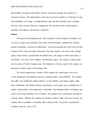 BEST SOLUTIONS CONSULTING, LLC.
172
plan identifies key players and methods involved, and aids in assessing the acquisition of
necessary resources. The implementation plan must be reviewed regularly to avoid lapses in time
and jeopardizing cost-savings. An implementation plan may take substantial time to develop.
However, when executed effectively, management will reap the rewards of well-organized
operations and employee and customer satisfaction.
Purpose
The purpose of the Implementation Plan constructed by Best Solutions Consulting, LLC
is to focus on major areas impacting Great Cups’ brand and identity; organizational structure;
product development; and network infrastructure. It has been proposed that Great Cups of Coffee
Company (GC3) remain the major brand name. The only exception is the stores in the Chicago
region, which formerly operated under the DaDeli name, will change to “Great Cups Select, A
GC3 Brand”. The stores in the Columbus and Pittsburgh regions will continue to operate under
the Great Cups of Coffee Company name. The formulation of diverse menus for the regions was
discussed in another section of the Strategic Plan.
The current organizational structure of the company has created undue stress on its
overall management and marketing processes, corporate culture, and profitability. The company
also suffers from insufficient training initiatives in the Columbus and Chicago regions, unlike
those of Pittsburgh. The Human Resources departments in each region vary in administration of
policies and procedures, and compensation and benefits. The marketing efforts in Columbus pale
in face of the strong marketing force in Chicago. The company lacks a pronounced and enforced
corporate culture. Although the company has remained resilient in light of the past recession, the
company fails in capabilities for tracking what is driving profits, “by location or product line”
(Franklin University, 2012, p. 10).
 