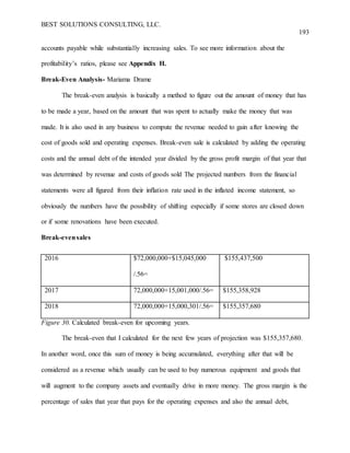 BEST SOLUTIONS CONSULTING, LLC.
193
accounts payable while substantially increasing sales. To see more information about the
profitability’s ratios, please see Appendix H.
Break-Even Analysis- Mariama Drame
The break-even analysis is basically a method to figure out the amount of money that has
to be made a year, based on the amount that was spent to actually make the money that was
made. It is also used in any business to compute the revenue needed to gain after knowing the
cost of goods sold and operating expenses. Break-even sale is calculated by adding the operating
costs and the annual debt of the intended year divided by the gross profit margin of that year that
was determined by revenue and costs of goods sold The projected numbers from the financial
statements were all figured from their inflation rate used in the inflated income statement, so
obviously the numbers have the possibility of shifting especially if some stores are closed down
or if some renovations have been executed.
Break-evensales
2016 $72,000,000+$15,045,000
/.56=
$155,437,500
2017 72,000,000+15,001,000/.56= $155,358,928
2018 72,000,000+15,000,301/.56= $155,357,680
Figure 30. Calculated break-even for upcoming years.
The break-even that I calculated for the next few years of projection was $155,357,680.
In another word, once this sum of money is being accumulated, everything after that will be
considered as a revenue which usually can be used to buy numerous equipment and goods that
will augment to the company assets and eventually drive in more money. The gross margin is the
percentage of sales that year that pays for the operating expenses and also the annual debt,
 