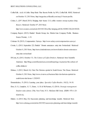 BEST SOLUTIONS CONSULTING, LLC.
210
CoffeeTalk. (n.d) A Coffee Shop Ratio That Boosts Profits by 50%. CoffeeTalk RSS2. Retrieved
on October 15, 2015 from, http://magazine.coffeetalk.com/may13-boost-profits.
Cohen, L. (20th, March 2015). Hedging their beans: U.S. coffee roasters swoop as prices drop.
Reuters. Retrieved October 8th, 2015 from:
http://www.reuters.com/article/2015/03/20/coffee-hedging-idUSL1N0WC2XL20150320.
Company Report. (2015). Dunkin’ Brands Group, Inc. Market Line Company Profile. Business
Source Premier, 1-19.
Coleman B. (2015). Compensation Surveys. http://www.salary.com/compensation-surveys/.
Cronin, L. (2015, September 22). Dunkin’ Donuts announces entry into Switzerland. Retrieved
October 8, 2015 from, http://news.dunkindonuts.com/news/dunkin-donuts-announces-
entry-into-switzerland
D'Costa, K. (2015, October 17). The Culture of Coffee Drinkers. Retrieved from Scientific
American: http://blogs.scientificamerican.com/anthropology-in-practice/the-culture-of-
coffee-drinkers/
Dehaas, J. (2015, March 16). Fake Tim Hortons spotted in South Korea: Tim House. Retrieved
October 8, 2015 from, http://www.ctvnews.ca/business/fake-tim-hortons-spotted-in-
south-korea-tim-house-1.2282433
Demetrakakes, P. (2011). Learning your place. Specialty Coffee Retailer, 18(12), 14-18.
Dess, G. G., Lumpkin, G. T., Eisner, A. B. & McNamara, G. (2014). Strategic management:
Student value edition. (7th). New York, N.Y.: McGraw-Hill Irwin. (ISBN: 978-1-25-
924555-8).
Dinkel, A. (2015, May 22). Succession planning and knowledge transfer. Retrieved from
http://www.alnmag.com/articles/2015/05/succession-planning-and-knowledge-transfer
 