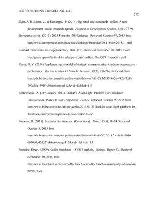 BEST SOLUTIONS CONSULTING, LLC.
212
Elder, S. D., Lister, J., & Dauvergne, P. (2014). Big retail and sustainable coffee: A new
development studies research agenda. Progress in Development Studies, 14(1), 77-90.
Entreprenuer.com. (2015). 2015 Franchise 500 Rankings. Retrieved October 9th, 2015 from:
http://www.entrepreneur.com/franchises/rankings/franchise500-115608/2015,-1.html
Financial Statements and Supplementary Data. (n.d). Retrieved November 20, 2015. From
http://greatcupscoffee.franklin.edu/great_cups_coffee_files/GC3_Financials.pdf
Florea, N. V. (2014). Implementing a model of strategic communication to obtain organizational
performance. Revista Academiei Fortelor Terestre, 19(3), 256-266. Retrieved from
http://eds.b.ebscohost.com/eds/pdfviewer/pdfviewer?sid=29fb7b35-862e-482e-8d51-
790a78e139f8%40sessionmgr112&vid=10&hid=113
Fontevecchia, A. (31st, January 2013). Dunkin’s Asset-Light Platform For Franchisee
Entrepreneurs Pushes It Past Competitors. Forbes. Retrieved October 9th 2015 from:
http://www.forbes.com/sites/afontevecchia/2013/01/31/dunkins-asset-light-platform-for-
franchisee-entrepreneurs-pushes-it-past-competitiors/
Foroohar, R. (2015). Starbucks for America. (Cover story). Time, 185(5), 18-24. Retrieved
October 8, 2015 from
http://eds.b.ebscohost.com/eds/pdfviewer/pdfviewer?sid=8e703f20-8f1a-4e54-9950-
6050d0c47d52%40sessionmgr115&vid=11&hid=113
Franchise Direct. (2009). Coffee franchises - SWOT analysis, Business Report IV. Retrieved
September 30, 2015, from
http://www.franchisedirect.com/coffeefranchises/coffeefranchisesswotanalysisbusinessre
portiv/74/221
 