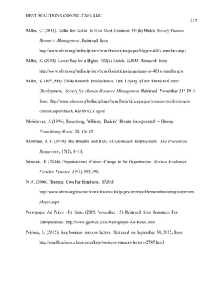BEST SOLUTIONS CONSULTING, LLC.
217
Miller, C. (2015). Dollar-for-Dollar Is Now Most Common 401(k) Match. Society Human
Resource Management. Retrieved from
http://www.shrm.org/hrdisciplines/benefits/articles/pages/bigger-401k-matches.aspx
Miller, S. (2014). Lower Pay for a Higher 401(k) Match. SHRM. Retrieved from
http://www.shrm.org/hrdisciplines/benefits/articles/pages/pay-or-401k-match.aspx
Miller, S. (10th, May 2014) Rewards Professionals Link Loyalty (Their Own) to Career
Development. Society for Human Resource Management. Retrieved November 21st 2015
from: http://www.shrm.org/hrdisciplines/benefits/articles/pages/rewards-professionals-
careers.aspx#sthash.zGzAN9ZY.dpuf
Molishever, J. (1996). Rosenberg, William; Dunkin’ Donuts Incorporated -- History.
Franchising World, 28, 16- 17.
Mortimer, J. T. (2010). The Benefits and Risks of Adolescent Employment. The Prevention
Researcher, 17(2), 8–11.
Muscalu, E. (2014). Organizational Culture Change in the Organization. Revista Academiei
Fortelor Terestre, 19(4), 392-396.
N.A. (2006). Training Cost Per Employee. SHRM.
http://www.shrm.org/research/articles/articles/pages/metricofthemonthtrainingcostperem
ployee.aspx
Newspaper Ad Prices - By State. (2015, November 15). Retrieved from Resources For
Entrepreneurs: http://www.gaebler.com/Newspaper-Ad-Rates.htm
Nielsen, L. (2015). Key business success factors. Retrieved on September 30, 2015, from
http://smallbusiness.chron.com/key-business-success-factors-2787.html
 