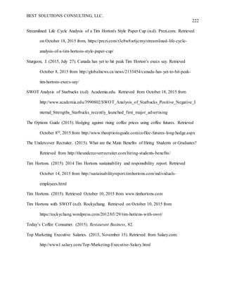 BEST SOLUTIONS CONSULTING, LLC.
222
Streamlined Life Cycle Analysis of a Tim Horton's Style Paper Cup (n.d). Prezi.com. Retrieved
on October 18, 2015 from, https://prezi.com/r3c8w8w6jcmy/streamlined-life-cycle-
analysis-of-a-tim-hortons-style-paper-cup/
Sturgeon, J. (2015, July 27). Canada has yet to hit peak Tim Horton’s execs say. Retrieved
October 8, 2015 from http://globalnews.ca/news/2133454/canada-has-yet-to-hit-peak-
tim-hortons-execs-say/
SWOT Analysis of Starbucks (n.d). Academia.edu. Retrieved from October 18, 2015 from
http://www.academia.edu/3990802/SWOT_Analysis_of_Starbucks_Positive_Negative_I
nternal_Strengths_Starbucks_recently_launched_first_major_advertising
The Options Guide (2015). Hedging against rising coffee prices using coffee futures. Retrieved
October 8th, 2015 from http://www.theoptionsguide.com/coffee-futures-long-hedge.aspx
The Undercover Recruiter. (2015). What are the Main Benefits of Hiring Students or Graduates?
Retrieved from http://theundercoverrecruiter.com/hiring-students-benefits/
Tim Hortons. (2015). 2014 Tim Hortons sustainability and responsibility report. Retrieved
October 14, 2015 from http://sustainabilityreport.timhortons.com/individuals-
employees.html
Tim Hortons. (2015). Retrieved October 10, 2015 from www.timhortons.com
Tim Hortons with SWOT (n.d). Rockychang. Retrieved on October 10, 2015 from
https://rockychang.wordpress.com/2012/03/29/tim-hottens-with-swot/
Today’s Coffee Consumer. (2015). Restaurant Business, 82.
Top Marketing Executive Salaries. (2015, November 15). Retrieved from Salary.com:
http://www1.salary.com/Top-Marketing-Executive-Salary.html
 
