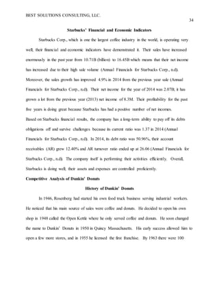 BEST SOLUTIONS CONSULTING, LLC.
34
Starbucks’ Financial and Economic Indicators
Starbucks Corp., which is one the largest coffee industry in the world, is operating very
well; their financial and economic indicators have demonstrated it. Their sales have increased
enormously in the past year from 10.71B (billion) to 16.45B which means that their net income
has increased due to their high sale volume (Annual Financials for Starbucks Corp., n.d).
Moreover, the sales growth has improved 4.9% in 2014 from the previous year sale (Annual
Financials for Starbucks Corp., n.d). Their net income for the year of 2014 was 2.07B; it has
grown a lot from the previous year (2013) net income of 8.3M. Their profitability for the past
five years is doing great because Starbucks has had a positive number of net incomes.
Based on Starbucks financial results, the company has a long-term ability to pay off its debts
obligations off and survive challenges because its current ratio was 1.37 in 2014 (Annual
Financials for Starbucks Corp., n.d). In 2014, its debt ratio was 50.96%, their account
receivables (AR) grew 12.40% and AR turnover ratio ended up at 26.06 (Annual Financials for
Starbucks Corp., n.d). The company itself is performing their activities efficiently. Overall,
Starbucks is doing well; their assets and expenses are controlled proficiently.
Competitive Analysis of Dunkin’ Donuts
History of Dunkin’ Donuts
In 1946, Rosenberg had started his own food truck business serving industrial workers.
He noticed that his main source of sales were coffee and donuts. He decided to open his own
shop in 1948 called the Open Kettle where he only served coffee and donuts. He soon changed
the name to Dunkin’ Donuts in 1950 in Quincy Massachusetts. His early success allowed him to
open a few more stores, and in 1955 he licensed the first franchise. By 1963 there were 100
 