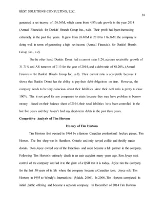 BEST SOLUTIONS CONSULTING, LLC.
38
generated a net income of 176.36M, which came from 4.9% sale growth in the year 2014
(Annual Financials for Dunkin' Brands Group Inc., n.d). Their profit had been increasing
extremely in the past five years. It grew from 26.86M in 2010 to 176.36M; the company is
doing well in terms of generating a high net income (Annual Financials for Dunkin' Brands
Group Inc., n.d).
On the other hand, Dunkin Donut had a current ratio 1.24, account receivable growth of
31.71% and AR turnover of 7.13 for the year of 2014, and a debt ratio of 88.20%, (Annual
Financials for Dunkin' Brands Group Inc., n.d). Their current ratio is acceptable because it
shows that Dunkin Donut has the ability to pay their debt obligations on time. However, the
company needs to be very conscious about their liabilities since their debt ratio is pretty to close
100%. This is not good for any companies to attain because they may have problem to borrow
money. Based on their balance sheet of 2014, their total liabilities have been controlled in the
last five years and they haven’t had any short-term debts in the past three years.
Competitive Analysis of Tim Hortons
History of Tim Hortons
Tim Hortons first opened in 1964 by a famous Canadian professional hockey player, Tim
Horton. The first shop was in Hamilton, Ontario and only served coffee and freshly made
donuts. Ron Joyce owned one of the franchises and soon became a full partner in the company.
Following Tim Horton’s untimely death in an auto accident many years ago, Ron Joyce took
control of the company and led it to the giant of a QSR that it is today. Joyce ran the company
for the first 30 years of its life where the company became a Canadian icon. Joyce sold Tim
Hortons in 1995 to Wendy’s International (Maich, 2006). In 2006, Tim Hortons completed its
initial public offering and became a separate company. In December of 2014 Tim Hortons
 