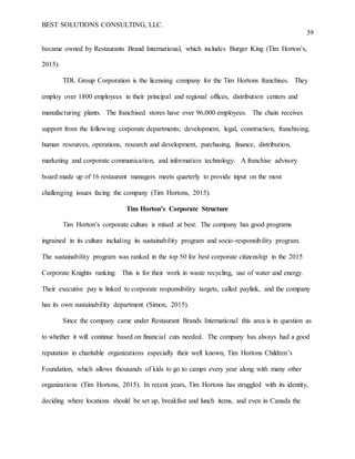 BEST SOLUTIONS CONSULTING, LLC.
39
became owned by Restaurants Brand International, which includes Burger King (Tim Horton’s,
2015).
TDL Group Corporation is the licensing company for the Tim Hortons franchises. They
employ over 1800 employees in their principal and regional offices, distribution centers and
manufacturing plants. The franchised stores have over 96,000 employees. The chain receives
support from the following corporate departments; development, legal, construction, franchising,
human resources, operations, research and development, purchasing, finance, distribution,
marketing and corporate communication, and information technology. A franchise advisory
board made up of 16 restaurant managers meets quarterly to provide input on the most
challenging issues facing the company (Tim Hortons, 2015).
Tim Horton’s Corporate Structure
Tim Horton’s corporate culture is mixed at best. The company has good programs
ingrained in its culture including its sustainability program and socio-responsibility program.
The sustainability program was ranked in the top 50 for best corporate citizenship in the 2015
Corporate Knights ranking. This is for their work in waste recycling, use of water and energy.
Their executive pay is linked to corporate responsibility targets, called paylink, and the company
has its own sustainability department (Simon, 2015).
Since the company came under Restaurant Brands International this area is in question as
to whether it will continue based on financial cuts needed. The company has always had a good
reputation in charitable organizations especially their well known, Tim Hortons Children’s
Foundation, which allows thousands of kids to go to camps every year along with many other
organizations (Tim Hortons, 2015). In recent years, Tim Hortons has struggled with its identity,
deciding where locations should be set up, breakfast and lunch items, and even in Canada the
 