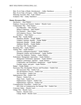 BEST SOLUTIONS CONSULTING, LLC.
7
Risk, Fit, & Value of Radio Advertisement – Ashley Hutchinson 130
Risk, Fit, & Value of Coupon – Ashley Hutchinson 130
Marketing Execution Plan – Kylie Johnson 131
Evaluation Plan – Ashley Hutchinson 132
Human Resources Plan 132
Introduction – Sheri Steptoe 132
Employee Forecast and Turnover Analysis – Ricardo Luera 133
Compensation Plan – Sheri Steptoe 138
Pay Philosophy – Sheri Steptoe 138
Market Comparison – Sheri Steptoe 138
Pay Structures – Sheri Steptoe 138
Job Evaluation Process – Sheri Steptoe 139
Incentives – Sheri Steptoe 140
Benefits Plan – Natalie Rindler 140
Mandatory Benefits – Natalie Rindler 141
Voluntary Insurance Benefits – Natalie Rindler 141
Retirement Benefits – Natalie Rindler 143
Additional Benefits – Natalie Rindler 144
Paid Time Off – Natalie Rindler 144
Recruiting Plan – Aquita Harkless 147
Training Plan – Aquita Harkless 151
Executive training/development – Aquita Harkless 152
Managerial training and development – Aquita Harkless 152
Front Line Employee Training – Aquita Harkless 153
Performance Management Approaches – Aquita Harkless 154
Management Performance appraisals – Aquita Harkless 156
Employee performance appraisal – Aquita Harkless 156
Compensation and Performance management – Aquita Harkless 157
Essential metrics and goals – Aquita Harkless 158
Budget – Natalie Rindler 159
Succession Plan, Development Process, and Procedures – Sandra Cain 160
The Succession Plan – Sandra Cain 160
The Development Process – Sandra Cain 164
The Procedures – Sandra Cain 166
Implementation Plan – Sandra Cain 167
Purpose – Sandra Cain 168
Major Tasks – Sandra Cain 169
Implementation Support – Sandra Cain 171
Implementation Approval – Sandra Cain 172
Communications Procedures – Sandra Cain 172
HR’s Role in Communicating the Strategic Plan – Sandra Cain 173
Corporate Culture – Ricardo Luera 176
Change Plan – Ricardo Luera 179
Purpose – Ricardo Luera 179
Change Model – Ricardo Luera 179
 