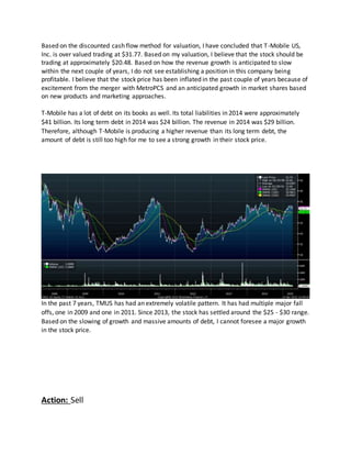 Based on the discounted cash flow method for valuation, I have concluded that T-Mobile US,
Inc. is over valued trading at $31.77. Based on my valuation, I believe that the stock should be
trading at approximately $20.48. Based on how the revenue growth is anticipated to slow
within the next couple of years, I do not see establishing a position in this company being
profitable. I believe that the stock price has been inflated in the past couple of years because of
excitement from the merger with MetroPCS and an anticipated growth in market shares based
on new products and marketing approaches.
T-Mobile has a lot of debt on its books as well. Its total liabilities in 2014 were approximately
$41 billion. Its long term debt in 2014 was $24 billion. The revenue in 2014 was $29 billion.
Therefore, although T-Mobile is producing a higher revenue than its long term debt, the
amount of debt is still too high for me to see a strong growth in their stock price.
In the past 7 years, TMUS has had an extremely volatile pattern. It has had multiple major fall
offs, one in 2009 and one in 2011. Since 2013, the stock has settled around the $25 - $30 range.
Based on the slowing of growth and massive amounts of debt, I cannot foresee a major growth
in the stock price.
Action: Sell
 