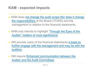 KAM - expected impacts
► KAM does not change the audit scope Nor does it change
the responsibilities of the Board (TCWG) and the
management in relation to the financial statements
► KAM only intends to highlight ‘Through the Eyes of the
Auditor” matters of most significance
► Will provide users of the financial statements a basis to
further engage with the management and may be with the
auditors
► Will require Enhanced communication between the
Auditor and the Audit Committees
Page 24
 