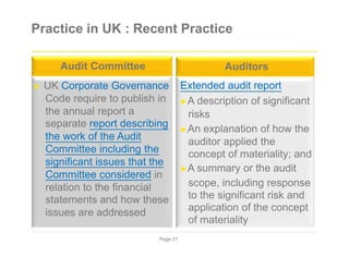 Practice in UK : Recent Practice
Audit Committee
► UK Corporate Governance
Code require to publish in
the annual report a
separate report describing
the work of the Audit
Committee including the
significant issues that the
Committee considered in
relation to the financial
statements and how these
issues are addressed
Auditors
Extended audit report
►A description of significant
risks
►An explanation of how the
auditor applied the
concept of materiality; and
►A summary or the audit
scope, including response
to the significant risk and
application of the concept
of materiality
Page 27
 