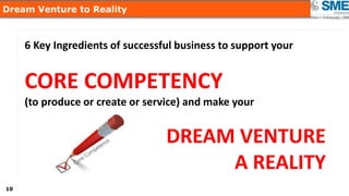 1010
Dream Venture to Reality
6 Key Ingredients of successful business to support your
CORE COMPETENCY
(to produce or create or service) and make your
DREAM VENTURE
A REALITY
 