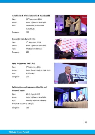 20
India Health & Wellness Summit & Awards 2015
Date: 10th
September, 2015
Venue: Hotel Taj Palace, New Delhi
Host: Teamworks Publication &
Indiattitude
Delegates: 300
Economist India Summit 2015
Date: 9th
September, 2015
Venue: Hotel Taj Palace, New Delhi
Host: The Economist Group
Delegates: 200
Pehel Programme 2009 -2015
Date: 1st
September, 2015
Venue: Hotel Shangri –La Eros, New Delhi
Host: FOGSI – PSI
Delegates: 200
Call to Action, ending preventable child and
Maternal Deaths
Date: 27-28 August, 2015
Venue: Hotel Taj Palace, New Delhi
Host: Ministry of Health & Family
Welfare & Ministry of Ethiopia
Delegates: 750
 