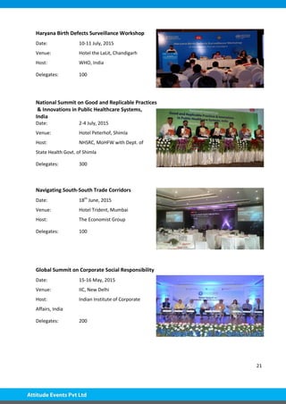 21
Haryana Birth Defects Surveillance Workshop
Date: 10-11 July, 2015
Venue: Hotel the LaLit, Chandigarh
Host: WHO, India
Delegates: 100
National Summit on Good and Replicable Practices
& Innovations in Public Healthcare Systems,
India
Date: 2-4 July, 2015
Venue: Hotel Peterhof, Shimla
Host: NHSRC, MoHFW with Dept. of
State Health Govt. of Shimla
Delegates: 300
Navigating South-South Trade Corridors
Date: 18th
June, 2015
Venue: Hotel Trident, Mumbai
Host: The Economist Group
Delegates: 100
Global Summit on Corporate Social Responsibility
Date: 15-16 May, 2015
Venue: IIC, New Delhi
Host: Indian Institute of Corporate
Affairs, India
Delegates: 200
 