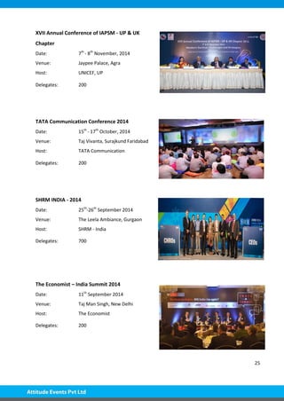 25
XVII Annual Conference of IAPSM - UP & UK
Chapter
Date: 7th
- 8th
November, 2014
Venue: Jaypee Palace, Agra
Host: UNICEF, UP
Delegates: 200
TATA Communication Conference 2014
Date: 15th
- 17th
October, 2014
Venue: Taj Vivanta, Surajkund Faridabad
Host: TATA Communication
Delegates: 200
SHRM INDIA - 2014
Date: 25th
-26th
September 2014
Venue: The Leela Ambiance, Gurgaon
Host: SHRM - India
Delegates: 700
The Economist – India Summit 2014
Date: 11th
September 2014
Venue: Taj Man Singh, New Delhi
Host: The Economist
Delegates: 200
 