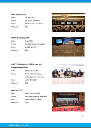 29
India Summit 2013
Date: 24th
April 2013
Venue: Taj Palace, New Delhi
Hosts: The Economist-Asia Pacific
Delegates: 200
World Health Day 2013
Date: 4 April 2013
Venue: The Oberoi Hotel, New Delhi
Hosts: WHO & MoHFW
Delegates: 200
India’s Call to Action: Child Survival and
Development Summit
Date: 07-09 February 2013
Venue: Radisson Blu Temple Bay,
Mahabalipuram, Tamil Nadu
Host: MCHIP & UNICEF
Delegates: 500
Acreconf 2013
Date: 08-09 February, 2013
Venue: India Habitat Centre, New Delhi
Host: Delhi Chapter of ISHRAE
Delegates: 1500
 