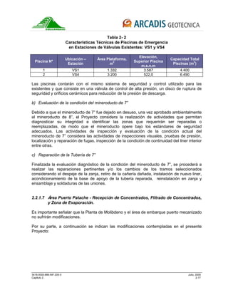 3418-0000-MM-INF-200-0 Julio, 2009
Capitulo 2 2-17
Tabla 2- 2
Características Técnicas de Piscinas de Emergencia
en Estaciones de Válvulas Existentes: VS1 y VS4
Piscina Nº
Ubicación –
Estación
Área Plataforma,
m
2
Elevación,
Superior Piscina
m.s.n.m
Capacidad Total
Piscinas (m
3
)
1 VS1 1.332 3.587 4.400
2 VS4 3.200 522,0 6.490
Las piscinas contarán con el mismo sistema de seguridad y control utilizado para las
existentes y que consiste en una válvula de control de alta presión, un disco de ruptura de
seguridad y orificios cerámicos para reducción de la presión de descarga.
b) Evaluación de la condición del mineroducto de 7”
Debido a que el mineroducto de 7” fue dejado en desuso, una vez aprobado ambientalmente
el mineroducto de 8”, el Proyecto considera la realización de actividades que permitan
diagnosticar su integridad e identificar las zonas que requerirán ser reparadas o
reemplazadas, de modo que el mineroducto opere bajo los estándares de seguridad
adecuados. Las actividades de inspección y evaluación de la condición actual del
mineroducto de 7” considera las actividades de inspecciones visuales, pruebas de presión,
localización y reparación de fugas, inspección de la condición de continuidad del liner interior
entre otras.
c) Reparación de la Tubería de 7”
Finalizada la evaluación diagnóstico de la condición del mineroducto de 7”, se procederá a
realizar las reparaciones pertinentes y/o los cambios de los tramos seleccionados
considerando el despeje de la zanja, retiro de la cañería dañada, instalación de nuevo liner,
acondicionamiento de la base de apoyo de la tubería reparada, reinstalación en zanja y
ensamblaje y soldaduras de las uniones.
2.2.1.7 Área Puerto Patache - Recepción de Concentrados, Filtrado de Concentrados,
y Zona de Evaporación.
Es importante señalar que la Planta de Molibdeno y el área de embarque puerto mecanizado
no sufrirán modificaciones.
Por su parte, a continuación se indican las modificaciones contempladas en el presente
Proyecto:
 