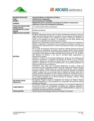 3418-0000-MM-INF-300-0 Julio, 2009
Capitulo 3 3-9
MATERIA REGULADA Seguridad Minera en Depósitos de Relave.
FASE Construcción y Operación.
NORMA Decreto Supremo Nº 248/2006.
NOMBRE
Reglamento para la aprobación de proyectos de Diseño, Construcción,
Operación y Cierre de los Depósitos de Relaves.
FECHA DE PUBLICACIÓN
DIARIO OFICIAL
11 de abril de 2007 (última modificación).
AUTORIDAD DE LA QUE
EMANA
Ministerio de Minería.
ÁMBITO DE APLICACIÓN Nacional.
MATERIA
El citado reglamentario deroga el D.S. N° 86/70, del Ministerio de Minería. Tiene por
objeto fijar procedimientos para la aprobación de los proyectos de depósitos de
relaves mineros, además de los requisitos de diseño, construcción operación y
cierre de los depósitos de relaves y la disposición de sus obras anexas que
garanticen la seguridad de las personas y de los bienes.
Dispone que corresponde en forma exclusiva al Servicio Nacional de Geología y
Minería la aplicación y fiscalización de los proyectos de tranques de relaves, sin
perjuicio de las atribuciones que en materia de fiscalización posean otros órganos
del Estado.
Por su parte, las empresas mineras que lo requieran, deberán presentar al Servicio
un proyecto de depositación de relaves. Dicho proyecto deberá cumplir además
con lo dispuesto en el D.S. N° 72/85, del Ministerio de Minería, cuyo texto refundido,
coordinado y sistematizado fue fijado mediante Decreto Supremo N° 132, de 2002,
del Ministerio de Minería, y con toda la normativa legal, reglamentaria y
disposiciones vigentes.
Asimismo, el artículo 10 del presente Reglamento, señala que las modificaciones
durante la construcción u operación del depósito de relaves o de un proyecto
aprobado, deberán ser informadas al Servicio antes de su implementación, para
obtener su aprobación. En caso de modificaciones a los proyectos aprobados, el
Servicio emitirá una nueva Resolución.
Finalmente, cabe indicar que el presente Reglamento se aplica a todos los
proyectos que sean presentados desde la fecha de vigencia del presente Decreto
así como también modificaciones de los depósitos existentes, cuando aquellas
impliquen variación de las condiciones bajo las cuales fue aprobado el proyecto
original. Cualquier otro uso que desee darse al depósito de relaves, tales como:
reprocesamiento, depositación de otros residuos producto de la actividad minera o
tránsito permanente sobre él, una vez concluida la operación; si no ha sido incluido
en el proyecto aprobado por el Servicio Nacional de Geología y Minería, debe
contar con la aprobación de éste.
RELACIÓN CON EL
PROYECTO
El presente Proyecto incluye la ampliación del Tranque de Relaves Pampa
Pabellón (existente), por lo que representa una modificación del tranque de relaves
aprobado actualmente.
CUMPLIMIENTO
El Proyecto cumplirá las disposiciones señaladas en el presente Reglamento,
motivo por el cual, una vez aprobado la presente DIA, Collahuasi someterá a
consideración técnica y aprobación por parte del SERNAGEOMIN el detalle de la
ampliación del tranque de relaves considerada.
FISCALIZACIÓN Servicio Nacional de Geología y Minería de la Región de Tarapacá
 