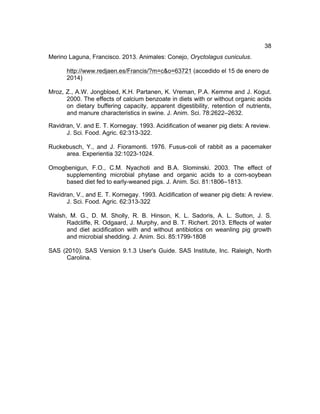 38
Merino Laguna, Francisco. 2013. Animales: Conejo, Oryctolagus cuniculus.
http://www.redjaen.es/Francis/?m=c&o=63721 (accedido el 15 de enero de
2014)
Mroz, Z., A.W. Jongbloed, K.H. Partanen, K. Vreman, P.A. Kemme and J. Kogut.
2000. The effects of calcium benzoate in diets with or without organic acids
on dietary buffering capacity, apparent digestibility, retention of nutrients,
and manure characteristics in swine. J. Anim. Sci. 78:2622–2632.
Ravidran, V. and E. T. Kornegay. 1993. Acidification of weaner pig diets: A review.
J. Sci. Food. Agric. 62:313-322.
Ruckebusch, Y., and J. Fioramonti. 1976. Fusus-coli of rabbit as a pacemaker
area. Experientia 32:1023-1024.
Omogbenigun, F.O., C.M. Nyachoti and B.A. Slominski. 2003. The effect of
supplementing microbial phytase and organic acids to a corn-soybean
based diet fed to early-weaned pigs. J. Anim. Sci. 81:1806–1813.
Ravidran, V., and E. T. Kornegay. 1993. Acidification of weaner pig diets: A review.
J. Sci. Food. Agric. 62:313-322
Walsh, M. G., D. M. Sholly, R. B. Hinson, K. L. Sadoris, A. L. Sutton, J. S.
Radcliffe, R. Odgaard, J. Murphy, and B. T. Richert. 2013. Effects of water
and diet acidification with and without antibiotics on weanling pig growth
and microbial shedding. J. Anim. Sci. 85:1799-1808
SAS (2010). SAS Version 9.1.3 User's Guide. SAS Institute, Inc. Raleigh, North
Carolina.
 