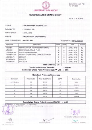 Calicut University PO.
Pin 673 635
UNIVERSITY
CONSOLIDATED
OF CALICUT
GRADE SHEET
DATE : 08.09.2015
COURSE
EXAM INATION
MONTH & YEAR
BRANCH
NAME OF CANDIDATE
: BACHELOR OF TECHNOLOGY
: VIII SEMESTER
: APRIL, 2015
: MECHANICAL ENGINEERING
:ANAND JOY REGISTER No, : MTALEMEOOT
Subject Code Subject Name Cre.lits Grade Exam Bg/-Su/lm
ME09 801
ME09 802
cH09 803(L 25)
ME09 804(L 22)
ME09 e05(P)
ME09 806(D)
ME09 807(V)
REFFIGEFIATION AND AIR CONDITIONING
COMPRESSIBLE FLUID FLOW
PROJECT ENGINEERING
QUALIry ENGINEERING AND MANAGEMENT
SEMINAFI
PROJECT
VIVA VOCE
,5
3
4
4
2
7
B
A
A
e
5
S
APR|L, 2015
APRIL, 2015
APRIL, 2015
APR|L, 2015
APFllL, 2015
APRIL, 2015
APRIL,2015
Rg.
Rg
Rg
Bg
Rg
Rg
Rg
Total Credits 28
Total Credit Points Secured : 251.00
Semester Grade Point Average (SGPA-VllD : 8.96
Detai s ol Previous Seme
Semester Total Credits Total Credit Points SGPA Examination
lanrl ll Comhine.l 38 310 50 8.17 5/2012
t 2A 239.5 8.55 1112012
2A 253.00 9.04 4/2013
28 235.00 8.39 1112014
28 225.OO 4.04 4kO14
vI 28 227.50 8.13 'l1/2014
Cumulative Grade Point Average (CGPA) : 8.45
:-/
Su : SUPPLEMENTARY lm: ltlPRoVELlENT
at SGPA,CGPA and formula forconveEion to percenlage are shown ovedoal.
{r lMh"R! ' i+.I U l ._-__,
4_--1
Controller of Examinations
Checked by
cuP 1a43,i/14,/1.00 000
Section AR/DRiJR (Exartls)
 