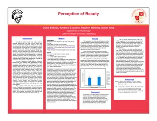 Perception of Beauty
Dulce Ballinas, Kimberly Lucatero, Stephen Martinez, Susan Yang
Department of Psychology
California State University, Stanislaus
References
Bradar, I., Tkalcic, M.,& Bezinovic., P (1996). Women’s
cosmetics use and self-concept. Studia Psychologia,
38(1-2), 45-54. doi
Cash, T. F., Dawson, K., Davis, P., Bowen, M., & Galumbeck,
C. (1989). Effects of cosmetics use on the physical
attractiveness and body image of american college
women. The Journal of Social Psychology, 129(3), 349-
355. doi:10.1080/00224545.1989.9712051Discussion
Introduction
Evolutionary traits indicate that mates prefer a
healthier looking skin; one that is even colored and
smooth (Thornhill and Gangestad, 1999). The issue with
this evolutionally belief is that not every female is able to
achieve this look and are forced to use make-up to attain
this evolutionary look. Make-up can encourage public’s
opinions that women look more beautiful. It can also
influence younger generations to become exposed and
take earlier initiative of taking care of their skin at a earlier
age by modifying their physical appearance and physical
aesthetics.(Gentina, Palan, & Fosse-Gomez, 2012) For
example, the younger generations will have the desire to
undergo surgery on their face, spending lots of money on
treatments, and applying a lot of make-up.
In order to prepare for social situations differently,
females will try to enhance their appearance by using
make-up. (Miller and Cox, 1982) Females rated
themselves more attractive by using make-up. The more
females used make-up, the more they felt confident in
cosmetics which causes them to use more make-up in
their daily lives. (Nash, Fieldman, Hussey, Leveque, and
Pineau, 2006) According to Brdar, Tkalcic, & Bezinovic
(1996), females are more likely to use make-up in order
to change their self-appearance and increase physical
attractiveness. In a study done by Nash et al. (2006), it
was found that females are seen as healthier, confident,
more professional and seen as having a higher earning
potential by using make-up. Research done by Cash,
Dawson, Davis, Bowen, and Galumbeck (1989)
suggested that both males and females found females
more physically attractive when make-up was worn than
those without.
The purpose of this study was to measure the
effects of make-up on attractiveness. We were interested
in knowing whether the presence or absence of make-up
would alter the level of attractiveness perceived by
others. We predicted that women with make-up were
seen as more attractive than those without make-up.
Method Results
The purpose of this study was to measure the level
or attractiveness of females with the presence of make-
up. We were interested in knowing whether the presence
or absence of make-up would increase or decrease the
level of attractiveness perceived by others. We predicted
that women with make-up would be seen as more
attractive than those without make-up.
Using SPSS we found the mean and standard
deviation for our conditions, With Make-up and Without
Make-up. Results for each condition was separated and
averaged. The averages consisted of each participants
scores on all nine models based on their conditions.
The Independent samples T- test indicated that
females with make-up were seen as more attractive with
make-up that with out. It was found that those with make-
up were rated significantly higher in attractiveness (M=
2.69; SD= 0.58) than those without make-up (M= 2.41;
SD= 0.62), t(54)= 1.71, p= .047, one-tailed. (Figure 1)
Figure 1.
The mean
of
attractivene
ss between
two
conditions
of make-up.
The error
bars
represent
the
standard
deviations.
Participants:
• Participants were 18 years of age to 46 years old on
average.
• There were 13 males and 43 females.
• All participants were recruited through the Psychology
Department’s online subject pool (http://csustan.sona-
systems.com/).
• They were given the opportunity to receive extra credit
Design:
• This was a single between subjects design.
• IV: make-up
•  Levels: with or without makeup.
• There were a total of 9 models.
• Each participant had a photograph of an original photo
and an altered one. The edited image is from using an
application on a smartphone that would alter the photo by
adding make-up. The altered photos had change of
foundation, eyeliner, blush, mascara, and lipstick applied.
• DV: level of attractiveness.
Procedure: The researchers conducted the study online.
Students interested in the study were able to decide to
participate by signing up for the study on SONA. The
researchers did not conduct active recruitment. The study
was hosted on the Qualtrics website, and students who
chose to participate were given a link to the study once
they had signed up for it on SONA. Students were advised
to read the informed consent fully. At the bottom of the
informed consent, participants were directed to provide an
electronic signature that indicated their understanding of
their rights as a participant. After the signature was
entered, students saw the demographics page asking for
their age in years and gender and then was directed to the
instructions page. Then the participants were randomly
assigned to either condition, with or without makeup. The
photos in each condition were randomized. Then they
began the questionnaire. Under each question, a interval
scale was presented on the following characteristics;
attractiveness, approachability, intelligence, friendliness,
confidence, happiness, successfulness, and age.
Participants were able to select their response from five
choices from very unattractive to very attractive. The final
page of the study included the debriefing form. At this
point, the study was over and participants were directed to
exit the program.
Like our results, research done by Cash et al.
(1989) suggested that both males and females found
females, physically, more attractive when make-up
was used. In comparison with this study, males rated
females to be more attractive with make-up than
females who rated other females on physical
attractiveness.
One limitation to our study was that make-up
was applied virtually rather than having participants
applying their own make-up. If our models had applied
their own make-up it would have affected our results
since make-up would have had a natural appearance.
For future studies, the amount of make-up could be an
IV. For example, doing the same study but with how
much make-up is applied such as light use, medium
use, and heavy use. For different DV’s, like
approachability, intelligence, and sex appeal. In further
studies, researchers could test the effects of make-up
on male models. Unfortunately, the use of make-up is
highly encouraged in todays’ society through social
media which is conveyed through stereotypical
infomercials that show negative influences about
beauty. It is important to understand how other people
in the world perceive attractiveness through the use of
make-up on females.
The purpose of this study was to measure the level
of attractiveness of females with the presence of
make-up. We hypothesized that women with
make-up would seem more attractive than those
women without make-up. According to our results,
our hypothesis on high level of attractiveness
towards women with make-up was supported.
 