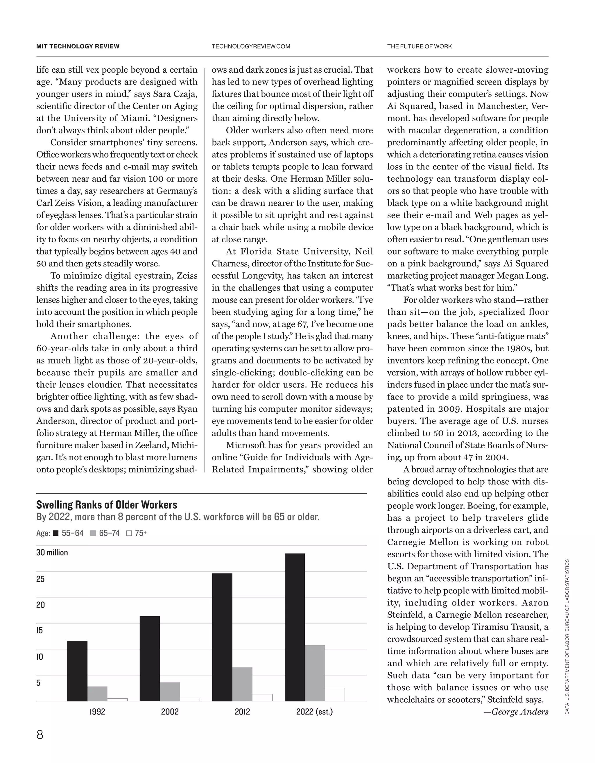 THE FUTURE OF WORK
8
TECHNOLOGYREVIEW.COMMIT TECHNOLOGY REVIEW
life can still vex people beyond a certain
age. “Many products are designed with
younger users in mind,” says Sara Czaja,
scientific director of the Center on Aging
at the University of Miami. “Designers
don’t always think about older people.”
Consider smartphones’ tiny screens.
Office workers who frequently text or check
their news feeds and e-mail may switch
between near and far vision 100 or more
times a day, say researchers at Germany’s
Carl Zeiss Vision, a leading manufacturer
of eyeglass lenses. That’s a particular strain
for older workers with a diminished abil-
ity to focus on nearby objects, a condition
that typically begins between ages 40 and
50 and then gets steadily worse.
To minimize digital eyestrain, Zeiss
shifts the reading area in its progressive
lenses higher and closer to the eyes, taking
into account the position in which people
hold their smartphones.
Another challenge: the eyes of
60-year-olds take in only about a third
as much light as those of 20-year-olds,
because their pupils are smaller and
their lenses cloudier. That necessitates
brighter office lighting, with as few shad-
ows and dark spots as possible, says Ryan
­Anderson, director of product and port-
folio strategy at Herman Miller, the office
furniture maker based in Zeeland, Michi-
gan. It’s not enough to blast more lumens
onto people’s desktops; minimizing shad-
ows and dark zones is just as crucial. That
has led to new types of overhead lighting
fixtures that bounce most of their light off
the ceiling for optimal dispersion, rather
than aiming directly below.
Older workers also often need more
back support, Anderson says, which cre-
ates problems if sustained use of laptops
or tablets tempts people to lean forward
at their desks. One Herman Miller solu-
tion: a desk with a sliding surface that
can be drawn nearer to the user, making
it possible to sit upright and rest against
a chair back while using a mobile device
at close range.
At Florida State University, Neil
­Charness, director of the Institute for Suc-
cessful Longevity, has taken an interest
in the challenges that using a computer
mouse can present for older workers. “I’ve
been studying aging for a long time,” he
says, “and now, at age 67, I’ve become one
of the people I study.” He is glad that many
operating systems can be set to allow pro-
grams and documents to be activated by
single-clicking; double-clicking can be
harder for older users. He reduces his
own need to scroll down with a mouse by
turning his computer monitor sideways;
eye movements tend to be easier for older
adults than hand movements.
Microsoft has for years provided an
online “Guide for Individuals with Age-
Related Impairments,” showing older
workers how to create slower-moving
pointers or magnified screen displays by
adjusting their computer’s settings. Now
Ai Squared, based in Manchester, Ver-
mont, has developed software for people
with macular degeneration, a condition
predominantly affecting older people, in
which a deteriorating retina causes vision
loss in the center of the visual field. Its
technology can transform display col-
ors so that people who have trouble with
black type on a white background might
see their e-mail and Web pages as yel-
low type on a black background, which is
often easier to read. “One gentleman uses
our software to make everything purple
on a pink background,” says Ai Squared
marketing project manager Megan Long.
“That’s what works best for him.”
For older workers who stand—rather
than sit—on the job, specialized floor
pads better balance the load on ankles,
knees, and hips. These “anti-fatigue mats”
have been common since the 1980s, but
inventors keep refining the concept. One
version, with arrays of hollow rubber cyl-
inders fused in place under the mat’s sur-
face to provide a mild springiness, was
patented in 2009. Hospitals are major
buyers. The average age of U.S. nurses
climbed to 50 in 2013, according to the
National Council of State Boards of Nurs-
ing, up from about 47 in 2004.
A broad array of technologies that are
being developed to help those with dis-
abilities could also end up helping other
people work longer. Boeing, for example,
has a project to help travelers glide
through airports on a driverless cart, and
Carnegie Mellon is working on robot
escorts for those with limited vision. The
U.S. Department of Transportation has
begun an “accessible transportation” ini-
tiative to help people with limited mobil-
ity, including older workers. Aaron
Steinfeld, a Carnegie Mellon researcher,
is helping to develop Tiramisu Transit, a
crowdsourced system that can share real-
time information about where buses are
and which are relatively full or empty.
Such data “can be very important for
those with balance issues or who use
wheelchairs or scooters,” ­Steinfeld says.
—George Anders
Swelling Ranks of Older Workers
By 2022, more than 8 percent of the U.S. workforce will be 65 or older.
15
10
5
20
25
30 million
55–64 65–74 75+Age:
1992 20122002 2022 (est.)
DATA:U.S.DEPARTMENTOFLABOR,BUREAUOFLABORSTATISTICS
 