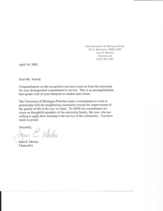 Chancellor Letter of Recognition