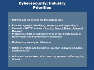 • Defining and monitoring the threat landscape
• Risk Management (identifying, assessing and responding to
threats- i.e. NIST Framework: Identify, Protect, Detect, Respond,
Recover)
• Protecting critical infrastructure through rapid proto-typing of
technologies and Public/Private cooperation
• Modernizing security Architectures:
• Better encryption and biometrics (quantum encryption, keyless
authentication)
• Automated network-security correcting systems (self-encrypting
drives)
Cybersecurity; Industry
Priorities
 
