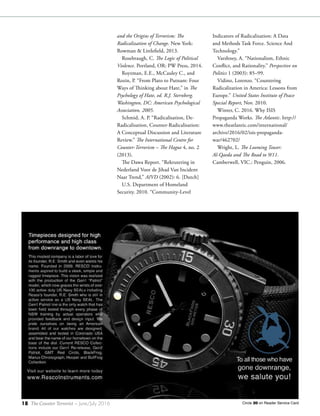 18 The Counter Terrorist ~ June/July 2016
and the Origins of Terrorism: The
Radicalization of Change. New York:
Rowman & Littlefield, 2013.
Rosebraugh, C. The Logic of Political
Violence. Portland, OR: PW Press, 2014.
Royzman, E.E., McCauley C., and
Rozin, P. “From Plato to Putnam: Four
Ways of Thinking about Hate,” in The
Psychology of Hate, ed. R.J. Sternberg.
Washington, DC: American Psychological
Association, 2005.
Schmid, A. P. “Radicalisation, De-
Radicalisation, Counter-Radicalisation:
A Conceptual Discussion and Literature
Review.” The International Centre for
Counter-Terrorism – The Hague 4, no. 2
(2013).
The Dawa Report. “Rekrutering in
Nederland Voor de Jihad Van Incident
Naar Trend,” AIVD (2002): 6. [Dutch]
U.S. Department of Homeland
Security. 2010. “Community-Level
Indicators of Radicalization: A Data
and Methods Task Force. Science And
Technology.”
Varshney, A. “Nationalism, Ethnic
Conflict, and Rationality.” Perspective on
Politics 1 (2003): 85–99.
Vidino, Lorenzo. “Countering
Radicalization in America: Lessons from
Europe.” United States Institute of Peace
Special Report, Nov. 2010.
Winter, C. 2016. Why ISIS
Propaganda Works. The Atlantic. http://
www.theatlantic.com/international/
archive/2016/02/isis-propaganda-
war/462702/
Wright, L. The Looming Tower:
Al-Qaeda and The Road to 9/11.
Camberwell, VIC.: Penguin, 2006.
Circle 20 on Reader Service Card
 