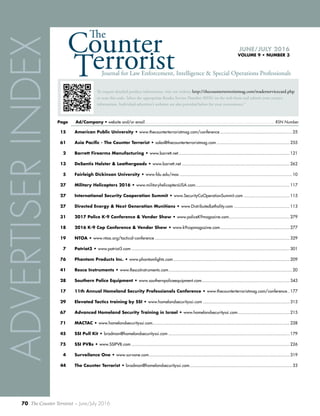 70 The Counter Terrorist ~ June/July 2016
Journal for Law Enforcement, Intelligence & Special Operations Professionals
CounterThe
JUNE/JULY 2016
VOLUME 9 • NUMBER 3
Page	 Ad/Company • website and/or email.......................................................................................................... RSN Number
To request detailed product information, visit our website http://thecounterterroristmag.com/readerservicecard.php
or scan this code. Select the appropriate Reader Service Number (RSN) on the web-form and submit your contact
information. Individual advertiser’s websites are also provided below for your convenience.”
American Public University • www.thecounterterroristmag.com/conference........................................................... 25
Asia Pacific - The Counter Terrorist • sales@thecounterterroristmag.com............................................................ 255
Barrett Firearms Manufacturing • www.barrett.net........................................................................................... 121
DeSantis Holster & Leathergoods • www.barrett.net........................................................................................ 262
Fairleigh Dickinson University • www.fdu.edu/mas............................................................................................ 10
Military Helicopters 2016 • www.militaryhelicoptersUSA.com............................................................................. 117
International Security Cooperation Summit • www.SecurityCoOperationSummit.com...................................... 115
Directed Energy & Next Generation Munitions • www.DistributedLethality.com.............................................. 113
2017 Police K-9 Conference & Vendor Show • www.policeK9magazine.com.................................................. 279
2016 K-9 Cop Conference & Vendor Show • www.k9copmagazine.com......................................................... 277
NTOA • www.ntoa.org/tactical-conference.............................................................................................................. 329
Patriot3 • www.patriot3.com................................................................................................................................. 301
Phantom Products Inc. • www.phantomlights.com............................................................................................... 209
Resco Instruments • www.RescoInstruments.com..................................................................................................... 20
Southern Police Equipment • www.southernpoliceequipment.com........................................................................ 343
11th Annual Homeland Security Professionals Conference • www.thecounterterroristmag.com/conference... 177
Elevated Tactics training by SSI • www.homelandsecurityssi.com....................................................................... 313
Advanced Homeland Security Training in Israel • www.homelandsecurityssi.com........................................... 215
MACTAC • www.homelandsecurityssi.com............................................................................................................... 228
SSI Pull Kit • bradman@homelandsecurityssi.com................................................................................................... 179
SSI PVBs • www.SSIPVB.com................................................................................................................................. 226
Surveilance One • www.survone.com................................................................................................................... 319
The Counter Terrorist • bradman@homelandsecurityssi.com.................................................................................... 33
15
61
2
13
5
27
27
27
31
18
19
7
76
41
28
17
29
67
71
45
75
4
44
ADVERTISERINDEX
 