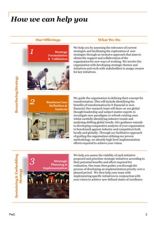 PwC
How we can help you
Strategy
Formulation
& Validation
1
Business Case
Definition&
Analysis
2
Strategic
Planning &
Implementation
3
ResurfacingStrategy
Our Offerings What We Do
We help you by assessing the relevance of current
strategies and facilitating the exploration of new
strategies through an inclusive approach that aims to
obtain the support and collaborationof the
organisation for new ways of working. We involve the
organisation with developing strategic themes and
initiatives and work with stakeholders to assign owners
for key initiatives.
We guide the organisation in defining their concept for
transformation. This will include identifying the
benefits of transformationbe it financial or non-
financial. Our research team will draw on our global
thought leadership and subject matter experts to
investigate new paradigms or refresh existing ones
whilst carefully identifying industry trends and
analysing shifting global trends. Our guidance extends
to developing comparative analysis of your organisation
to benchmark against industry and competitors both
locally and globally. Through our facilitative approach
of guiding the organisation utilising our proven
methodology,we identify high level implementation
efforts required to achieve your vision.
Sustaining&Embedding
Strategy
We help you assess the viability of each initiative
proposed and prioritise strategic initiatives according to
their potential benefits and effort required for
realisation. Our team then guides you through the
process of developing an implementation priority over a
phased period. We then help your team with
implementing specific initiatives in conjunctionwith
your vision to achieve new defined states of excellence.
3
 