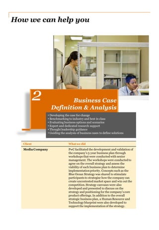 Business Case
Definition & Analysis
2
Client What we did
Media Company PwC facilitated the development and validation of
the company’s 5-year business plan through
workshops that were conducted with senior
management. The workshops were conducted to
agree on the overall strategy and assess the
viability of each business plan to determine
implementationpriority. Concepts such as the
Blue Ocean Strategy was shared to stimulate
participants to strategise how the company can
create uncontested market space and win out the
competition.Strategy canvases were also
developed and presented to discuss on the
strategy and positioning for the company’s core
product offerings. In addition to the overall
strategic business plan, a Human Resource and
Technologyblueprint were also developed to
support the implementation of the strategy.
How we can help you
• Developing the case for change
• Benchmarking to industry and best in class
• Evaluating business options and scenarios
• Expert and dedicated research support
• Thought leadership guidance
• Guiding the analysis of business cases to define solutions
 