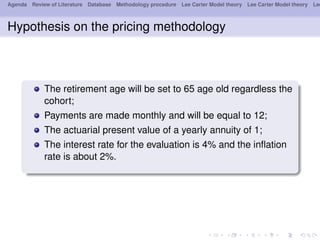 Agenda Review of Literature Database Methodology procedure Lee Carter Model theory Lee Carter Model theory Lee
Hypothesis on the pricing methodology
The retirement age will be set to 65 age old regardless the
cohort;
Payments are made monthly and will be equal to 12;
The actuarial present value of a yearly annuity of 1;
The interest rate for the evaluation is 4% and the inﬂation
rate is about 2%.
 