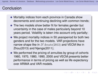 Agenda Review of Literature Database Methodology procedure Lee Carter Model theory Lee Carter Model theory Lee
Conclusion
Mortality indices from each province in Canada show
decrements and continuing declining with common trends;
The two models show better ﬁt for females gender but
uncertainty in the case of males particularly beyond 10
years period. Volatility is taken into account only partially;
We project mortality indices in 50 yearsperiod for both two
genders and for the two models. VAR projections have
narrow shape like in D Amato(2013) and VECM like in
Zhou(2013) and Njenga(2011);
We performed the pricing of annuities by group of cohorts
1960, 1970, 1980, 1990, 2000 and VECM presents better
performance in terms of pricing as well as life expectancy
over ARIMA and VAR models.
 