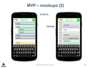 MVP – mockups (2)
Copyright Fábrica de Startups 6
Jun,26 9:52 +
To-do list
Calendar
Jun,26 9:52 +
Task 1+
Task 2-
Task 2.1
Task 2.2
Task 3
Task n
Task 4
10:00
10:30
11:00
11:30
12:00
12:30
13:00
13:30
14:00
14:30
15:00
15:30
16:00
16:30
Do task 1
Lunch
Do task 4
Do task 2.2
Deadline in 2 days
 