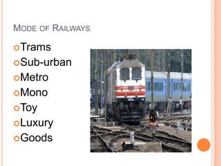 MODE OF RAILWAYS
Trams
Sub-urban
Metro
Mono
Toy
Luxury
Goods
 