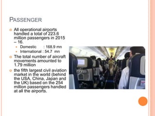PASSENGER
 All operational airports
handled a total of 223.6
million passengers in 2015
– 16.
 Domestic : 168.9 mn
 International : 54.7 mn
 The total number of aircraft
movements amounted to
1.79 million
 the fifth largest civil aviation
market in the world (behind
the USA, China, Japan and
the UK) based on the 254
million passengers handled
at all the airports.
 