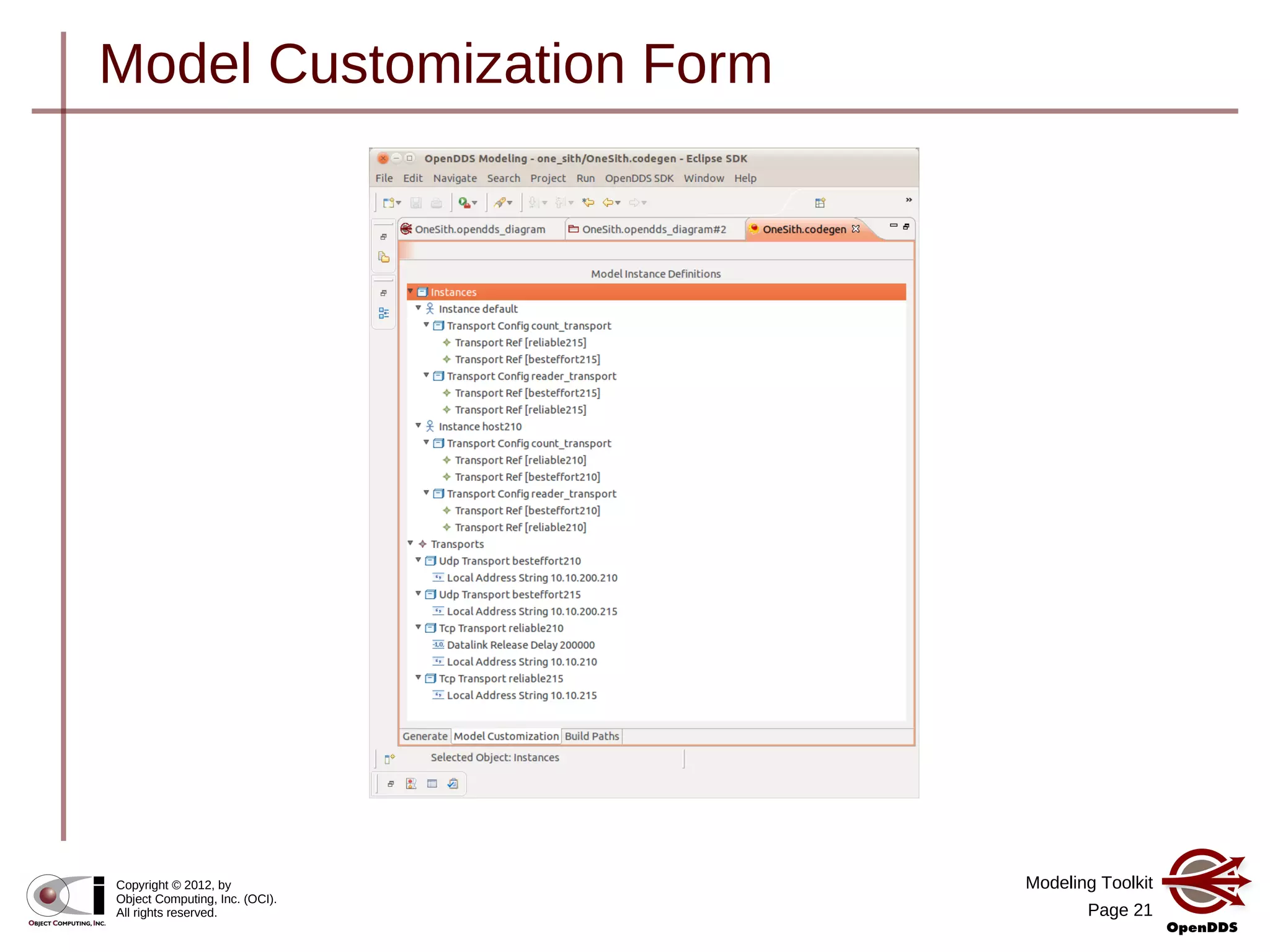 Modeling Toolkit
Page 21
Copyright © 2012, by
Object Computing, Inc. (OCI).
All rights reserved.
Model Customization Form
 