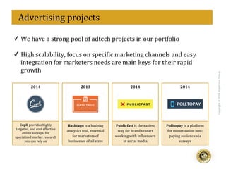 eff
Copyright@2015ImperiousGroup
2013	
  
Hashtago	
  is	
  a	
  hashtag	
  
analytics	
  tool,	
  essential	
  
for	
  marketers	
  of	
  
businesses	
  of	
  all	
  sizes	
  
2014	
   2014	
  2014	
  
Cupli	
  provides	
  highly	
  
targeted,	
  and	
  cost	
  effective	
  
online	
  surveys,	
  for	
  
specialized	
  market	
  research	
  
you	
  can	
  rely	
  on	
  
Publicfast	
  is	
  the	
  easiest	
  
way	
  for	
  brand	
  to	
  start	
  
working	
  with	
  in<luencers	
  
in	
  social	
  media	
  
Polltopay	
  is	
  a	
  platform	
  
for	
  monetization	
  non-­‐
paying	
  audience	
  via	
  
surveys	
  
✓  We	
  have	
  a	
  strong	
  pool	
  of	
  adtech	
  projects	
  in	
  our	
  portfolio	
  
	
  
✓  High	
  scalability,	
  focus	
  on	
  speci<ic	
  marketing	
  channels	
  and	
  easy	
  
integration	
  for	
  marketers	
  needs	
  are	
  main	
  keys	
  for	
  their	
  rapid	
  
growth	
  
	
  	
  Advertising	
  projects	
  
 