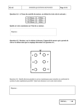 E2-A2                        DOSSIER QUESTIONS-REPONSES                       Page 11/11



Question 4.4 : A l’issue du contrôle du moteur, on obtient les trois relevés suivants :

                           U1-Masse         0 Ohm
                           V1-Masse          Infini
                           W1-Masse          Infini

Quelle est votre conclusion sur l’état de ce moteur.


  Réponse :




Question 4.5 : Dessiner, sur le schéma ci-dessous, l’appareil de mesure qui a permis de
relever le défaut ainsi que le couplage déterminé à la question 4-1.




                                  U                       W
                                                          2


                                  V1                     U
                                                         2


                                  W1                     V2




Question 4.6 : Quelle décision prendra le service maintenance pour remettre en conformité le
système le plus rapidement possible?. Quel nom donnera t-on à cette intervention



  Réponse :




                                                                              TOTAL :          / 40
 