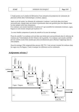 E2-B2                                                                  DOSSIER-TECHNIQUE                                                  Page 2/11



       L’étude portera sur la chaîne de fabrication d’une entreprise de production de roulements de
       précision utilisés dans l’aéronautique ( aviation, espace) .

       Après avoir été usinés, les éléments de roulements ( rouleaux ) sont lavés dans trois bains
       successifs puis, chargés dans une trémie et positionnés dans une goulotte pour être déposés dans
       la zone tampon selon leurs dimensions.
       Ces rouleaux sont ensuite transferés à la presse n°1 qui assemble les roulements (rouleaux, cages,
       bagues) et sont ensuite marqués par la presse n°2

       La zone étudiée comportera le poste de contrôle et la zone de montage.

       Poste de contrôle: Les rouleaux arrivent dans une trémie puis sont positionnés dans le sélecteur de
       rouleaux par l’intermédiaire du bol vibrant et de la goulotte. Ces rouleaux sont ensuite contrôlés
       par une caméra avant d’être stockés par séries de dimensions pour effectuer l’appairage dans la
       zone tampon.

       Zone de montage: Elle comprend deux presses AR 378. L’une servant à monter les rouleaux dans
       les cages avec les bagues, l’autre à marquer les références sur les roulements.


    Actigramme niveau 1
               pneumatique
               Electrique


                                 réglages

                                            ordres




           w                 r              e
                                                         pneumatique
                                                         Electrique




                                                                                       ordres
                                                                       réglages




rouleaux
                                                                                                                  g
                                                                                                                  u
                                                                                                                  e




                     Laver
                                                     w                 r           e
                                                                                                    pneumatique
                                                                                                    Electrique




           A 1.1
                                                                                                                      ordres




                                                         Appairer
               Lavage                                                                           w                     e
                                                                                                                                   pneumatique
                                                                                                                                   Electrique




                                                     A 1.2
                                                                                                                                                     ordres




                                                         Contrôle                                       Monter
           Cages + bagues                                                                               monter
                                                                                                                               w                 e
                                                                                                 A 1.3
                                                                                                A-1.3

                                                                                                                                                              roulements
                                                                                                    Presse N°1                         Marquer
                                                                                                                                       monter
                                                                                                    Ar 378                      A 1.4
                                                                                                                               A-1.3
           A1
                                                                                                                                    Presse N°2
                                                                                                                                    Ar 378
 