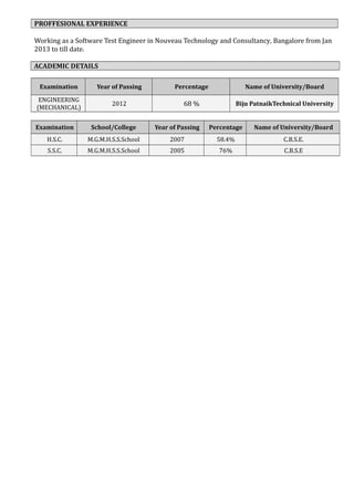 PROFFESIONAL EXPERIENCE
Working as a Software Test Engineer in Nouveau Technology and Consultancy, Bangalore from Jan
2013 to till date.
ACADEMIC DETAILS
Examination Year of Passing Percentage Name of University/Board
ENGINEERING
(MECHANICAL)
2012 68 % Biju PatnaikTechnical University
Examination School/College Year of Passing Percentage Name of University/Board
H.S.C. M.G.M.H.S.S.School 2007 58.4% C.B.S.E.
S.S.C. M.G.M.H.S.S.School 2005 76% C.B.S.E
 