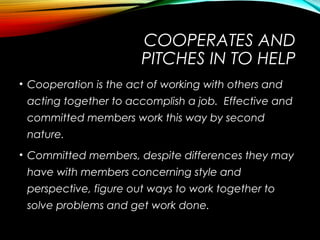 COOPERATES AND
PITCHES IN TO HELP
• Cooperation is the act of working with others and
acting together to accomplish a job....