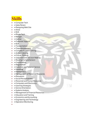 Skills
  Computer Tech
  Sales Person
  Designing Web Site
  Artist
  N/A
  Phone Tech
  Manger
  Cashier
  Customer Support
  N/A
  Transportation
  Time Management
  Complex Problem Solving
  Active Listening
  Critical Thinking
  Judgment and Decision Making
  Reading Comprehension
  Coordination
  Negotiation
  Customer and Personal Service
  Speaking
  Mathematics
  Management of Personnel Resources
  Persuasion
  Social Perceptiveness
  Personnel and Human Resources
  Computers and Electronics
  Learning Strategies
  Service Orientation
  Systems Analysis
  Management of Financial Resources
  Education and Training
  Economics and Accounting
  Engineering and Technology
  Operation Monitoring

 